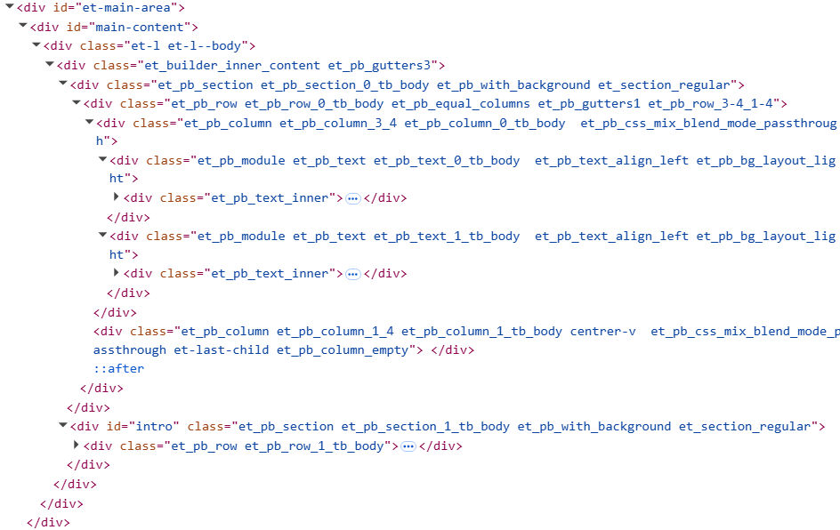Code généré par un page builder — chaque élément est emballé dans des dizaines de couches de <div>